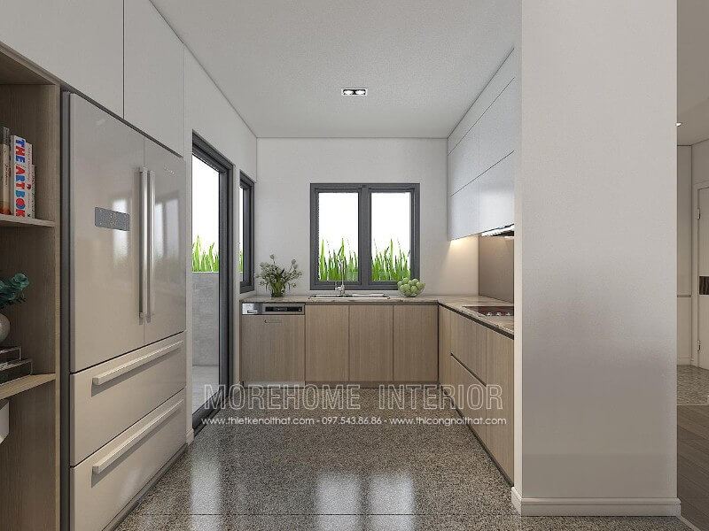Thiết kế tủ bếp kiểu dáng chữ L tận dụng được mọi góc khuất của căn phòng, mang lại không gian rộng và thoáng hơn Tủ bếp gỗ, tủ bếp gỗ tự nhiên, tủ bếp tân cổ điển