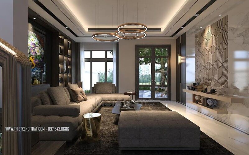 Ấn tượng vẻ đẹp thoải mái, ấm cúng của bộ sofa góc bọc vải tone xám trầm lắng giữa phòng khách chung cư, nhà phố Mẫu thiết kế nội thất biệt thự đẹp