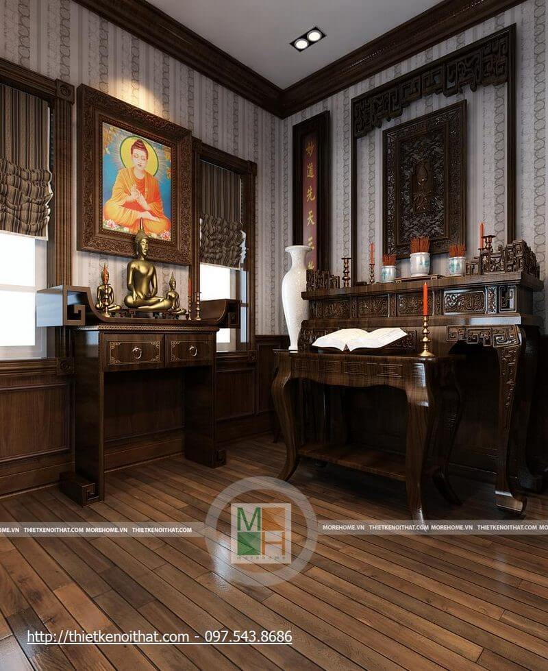 Khu vực thờ cúng trang nghiêm với nội thất gỗ tự nhiên sang trọng, thể hiện sự thành kính với bề trên Mẫu thiết kế nội thất biệt thự đẹp