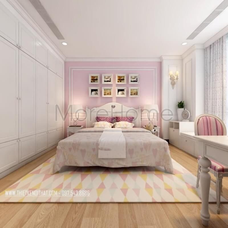 Trang trí nội thất phòng ngủ con chung cư cao cấp với gam màu hồng phấn đóng vai trò chủ đạo