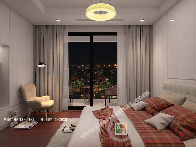 Thiết kế nội thất phòng ngủ chung cư nhỏ gọn với đồ nội thất hiện đại sắp xếp cách khoa học giúp tiết kiệm không gian căn phòng