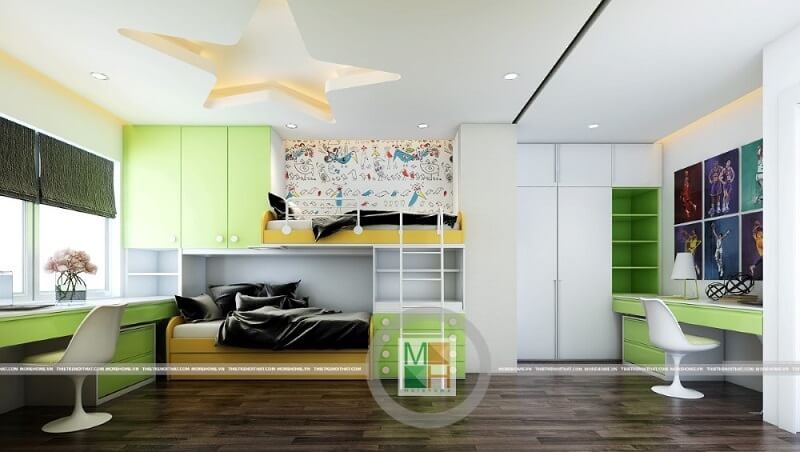 Mẫu thiết kế nội thất phòng ngủ trẻ em cao cấp cho chung cư nhỏ gọn với tông màu xanh chủ đạo