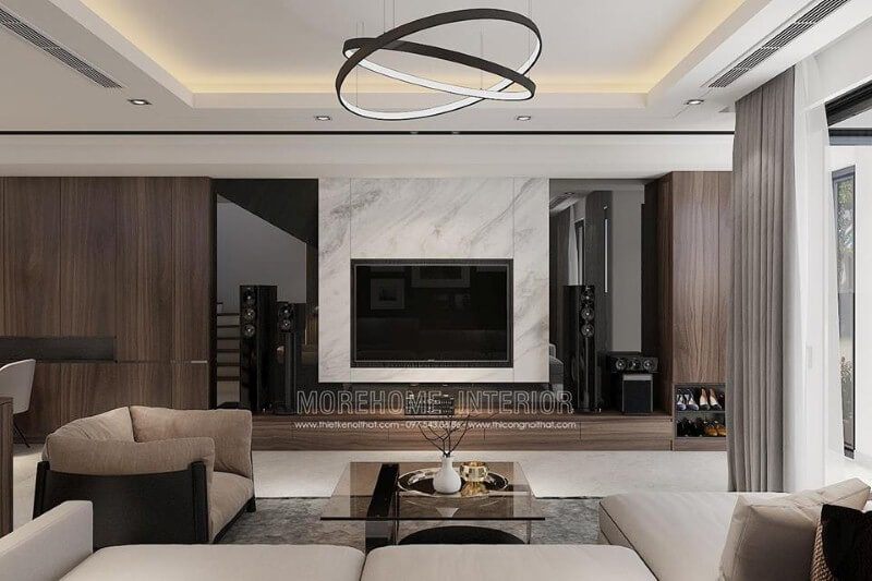 Đá ốp tường vân mây càng đẹp điểm nhấn ấn tượng trong không gian phòng khách hiện đại.