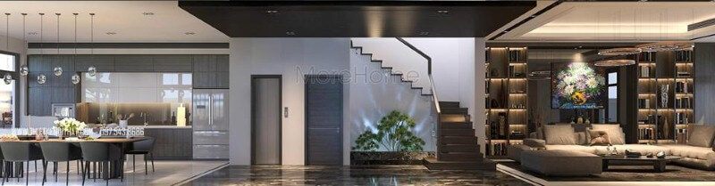 Trang trí nhà vệ sinh gầm cầu thang, tiểu cảnh độc đáo tạo góc nhìn ấn tượng cho phòng khách liền bếp biệt thự, nhà phố.