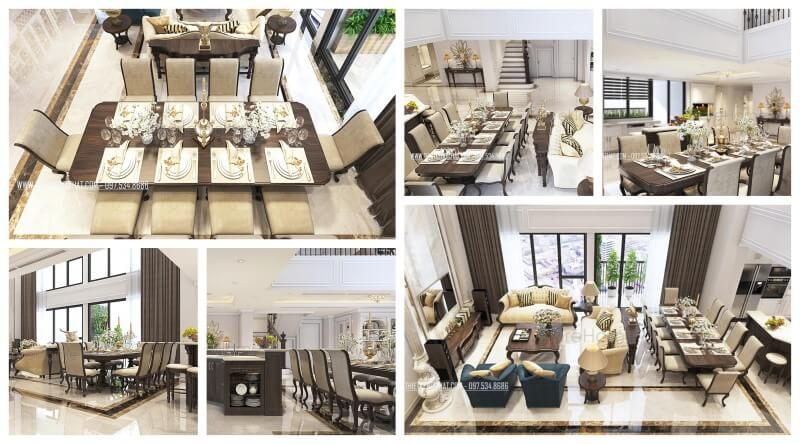 Sản phẩm bàn ghế ăn gỗ óc chó tân cổ điển, ghế ăn bọc nỉ cao cấp cho căn hộ Duplex Thanh Xuân Hà Nội