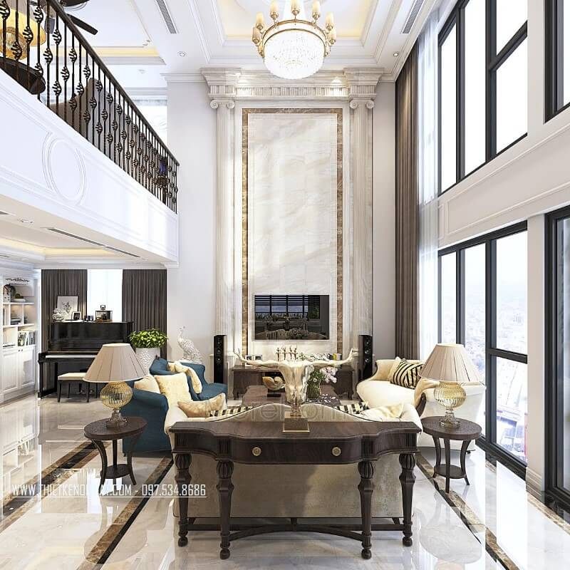 Mẫu kệ trang trí kệ decor gỗ óc chó đẹp cho không gian phòng khách căn hộ duplex thanh xuân hà nội