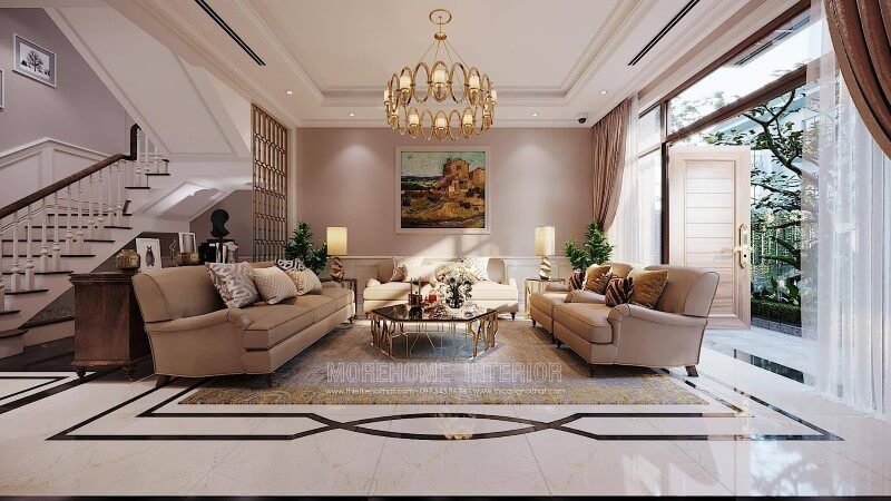 Bộ sofa phòng khách bọc da bò nhập khẩu cao cấp cho biệt thự tân cổ điển tại ciputra Tây Hồ Hà Nội