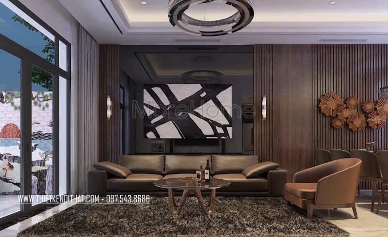 Mẫu sofa gỗ bọc da cao cấp màu đen hiện đại cho phòng khách nhà phốchung cư
