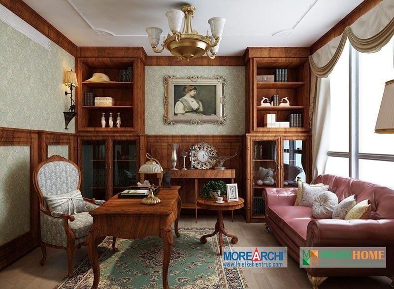 Nội thất sofa bọc da cao cấp với tone màu hồng kết hợp chân mạ vàng sang trọng trong phòng làm việc giúp gia chủ có thể nghỉ ngơi, thư giãn tinh thần