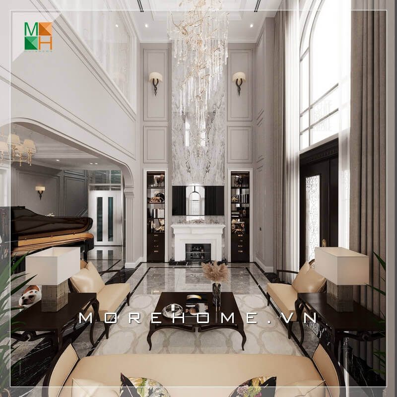 Không gian phòng khách tráng lệ, với mẫu bàn ghế sofa phòng khách sử dụng chất liệu bàn là gỗ tự nhiên cao cấp, ghế sofa bọc da chân ghế sang trọng. Tất cả tạo nên một không gian phòng khách rất hoành tráng và đẳng cấp.